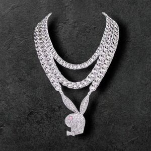 Playboy  CZ Playboy Bunny Triple Row Figaro Chain Necklace